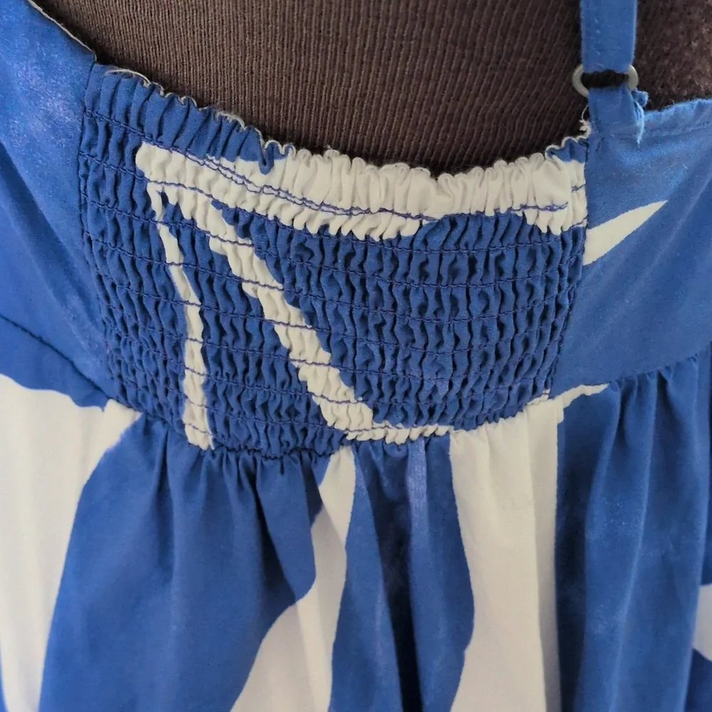 ANTHROPOLOGIE Dress MED Printed Babydoll Smock Maxi Blue White Abstract Strappy - Picture 9 of 11